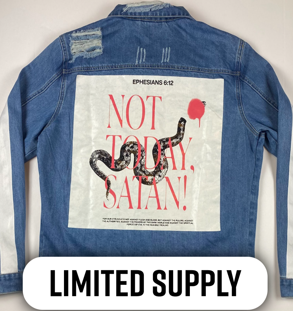 Not Today Satan Denim Jacket limited supply tag